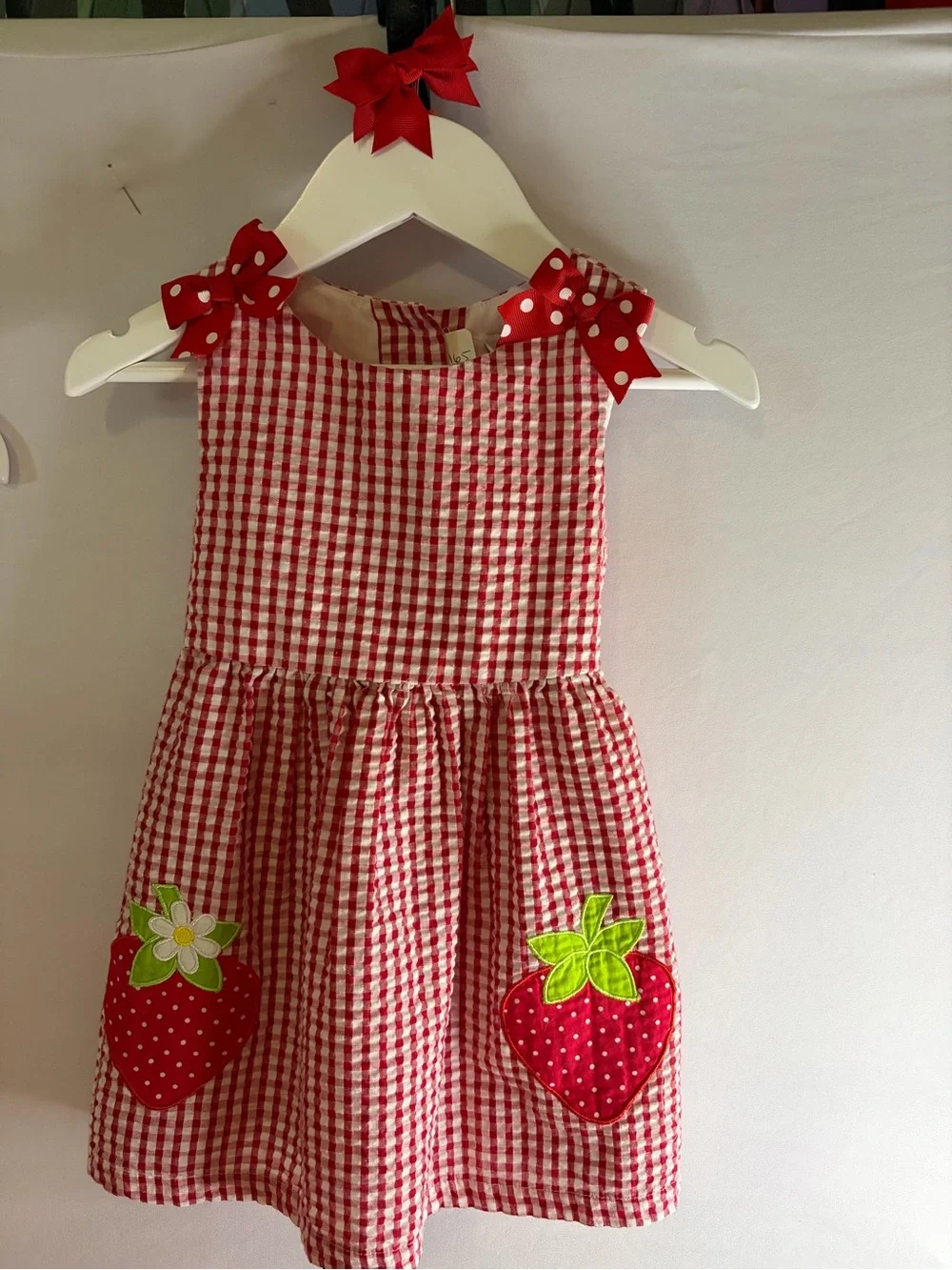 Rare Editions Girls 2T Red Gingham Strawberry Dress Hair Bow EUC